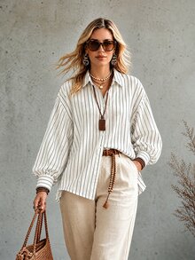 Ceyna Plus Blue White Stripe Print Drop Shoulder Oversize Casual Lantern Sleeve Shirt Office Business Fall - White - View 5