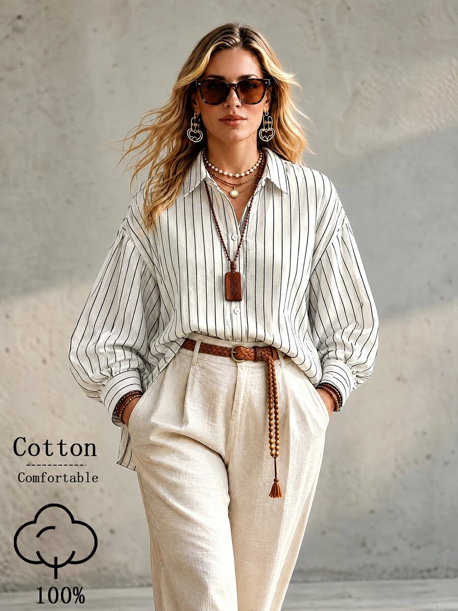 Ceyna Plus Blue White Stripe Print Drop Shoulder Oversize Casual Lantern Sleeve Shirt Office Business Fall - White - View 1
