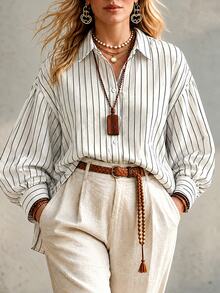 Ceyna Plus Blue White Stripe Print Drop Shoulder Oversize Casual Lantern Sleeve Shirt Office Business Fall - White - View 7