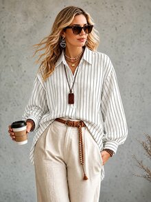 Ceyna Plus Blue White Stripe Print Drop Shoulder Oversize Casual Lantern Sleeve Shirt Office Business Fall - White - View 6