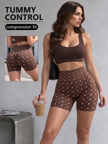 SHEIN Dewbera Heart Polka Dot Print High Waist Sports Dallas Cowboy Cheerleader Baggy Shorts Gym Brown Fall - Coffee Brown - View 4