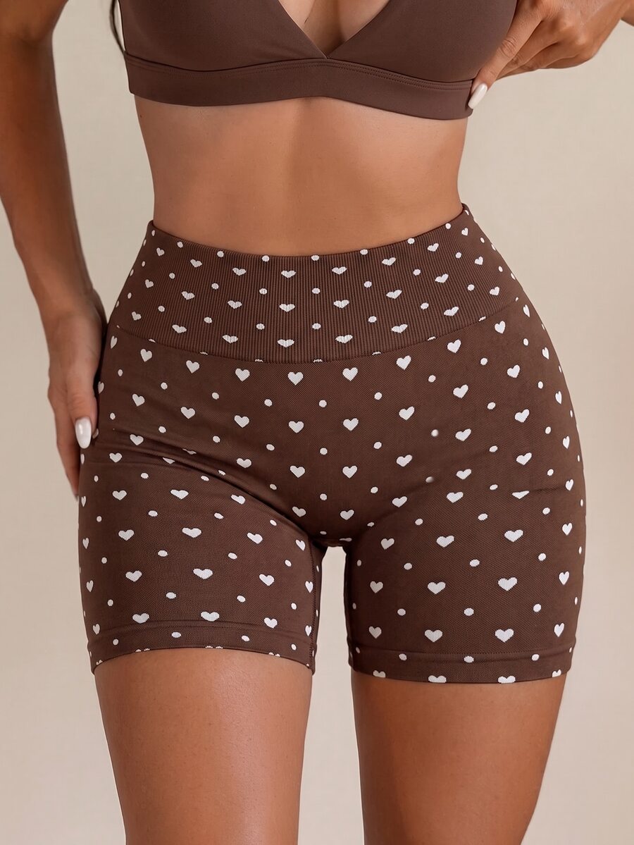 SHEIN Dewbera Heart Polka Dot Print High Waist Sports Dallas Cowboy Cheerleader Baggy Shorts Gym Brown Fall - Coffee Brown - View 1