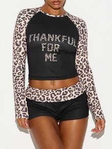 SUMWON WOMEN Leopard Print Raglan Long Sleeve Crop Top And Mini Hot Pants Co-Ord Set With Slogan Chest Graphic - Multicolor - View 3