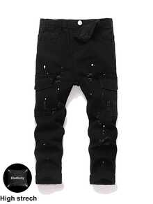 SHEIN Young Boy Fall/Winter Distressed Ripped Paint Spatter Black Denim Skinny Jeans With Cargo Pocket, For Streetwear - Black - View 3