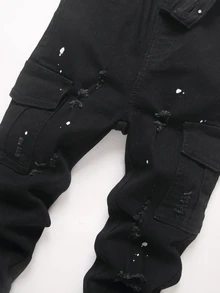 SHEIN Young Boy Fall/Winter Distressed Ripped Paint Spatter Black Denim Skinny Jeans With Cargo Pocket, For Streetwear - Black - View 5