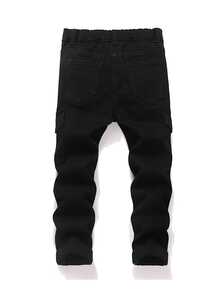 SHEIN Young Boy Fall/Winter Distressed Ripped Paint Spatter Black Denim Skinny Jeans With Cargo Pocket, For Streetwear - Black - View 2