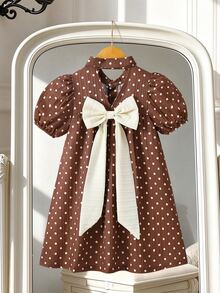 SHEIN 1件女童A字洋裝 優雅棕色與白色蝴蝶結背部 波點印花 泡泡袖 高領 常規版 生日派對 夏季度假 芭蕾公主風 - 棕色 - 查看 7