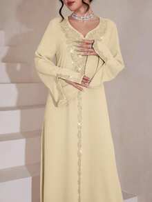 Al Najma Luxurious Embroidered & Beaded Loose Long Sleeve Split Maxi Dress, Turkish & Arabic Traditional Style - Yellow - View 4