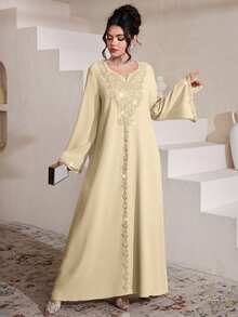 Al Najma Luxurious Embroidered & Beaded Loose Long Sleeve Split Maxi Dress, Turkish & Arabic Traditional Style - Yellow - View 5