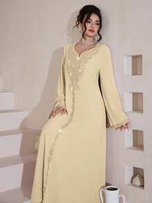Al Najma Luxurious Embroidered & Beaded Loose Long Sleeve Split Maxi Dress, Turkish & Arabic Traditional Style - Yellow - View 6