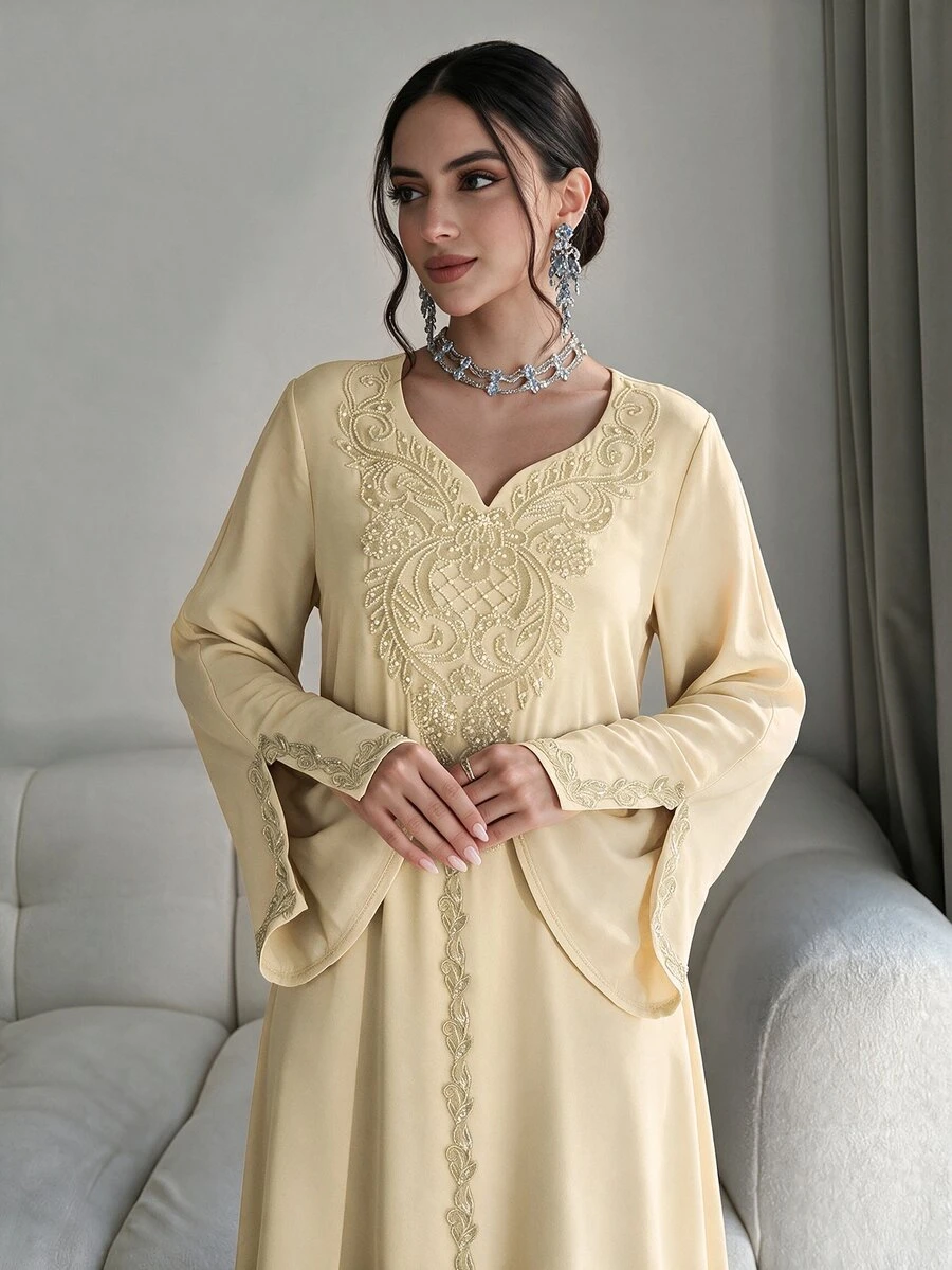 Al Najma Luxurious Embroidered & Beaded Loose Long Sleeve Split Maxi Dress, Turkish & Arabic Traditional Style - Yellow - View 1