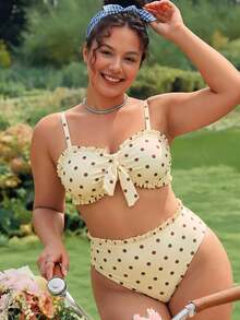 Slaydiva 2026 Autumn New Women's Plus Size Bandeau Bikini Two Pieces Set With Polka Dot Print, 3D Ruffle Design And High Waist Triangle Bottom Swimwear - Yellow - View 1