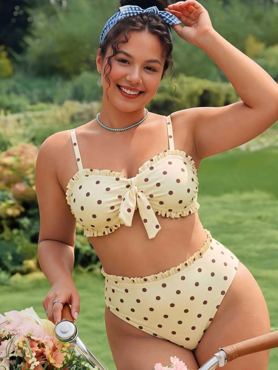 Slaydiva 2026 Autumn New Women's Plus Size Bandeau Bikini Two Pieces Set With Polka Dot Print, 3D Ruffle Design And High Waist Triangle Bottom Swimwear - Yellow - View 1