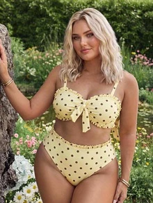 Slaydiva 2026 Autumn New Women's Plus Size Bandeau Bikini Two Pieces Set With Polka Dot Print, 3D Ruffle Design And High Waist Triangle Bottom Swimwear - Yellow - View 3