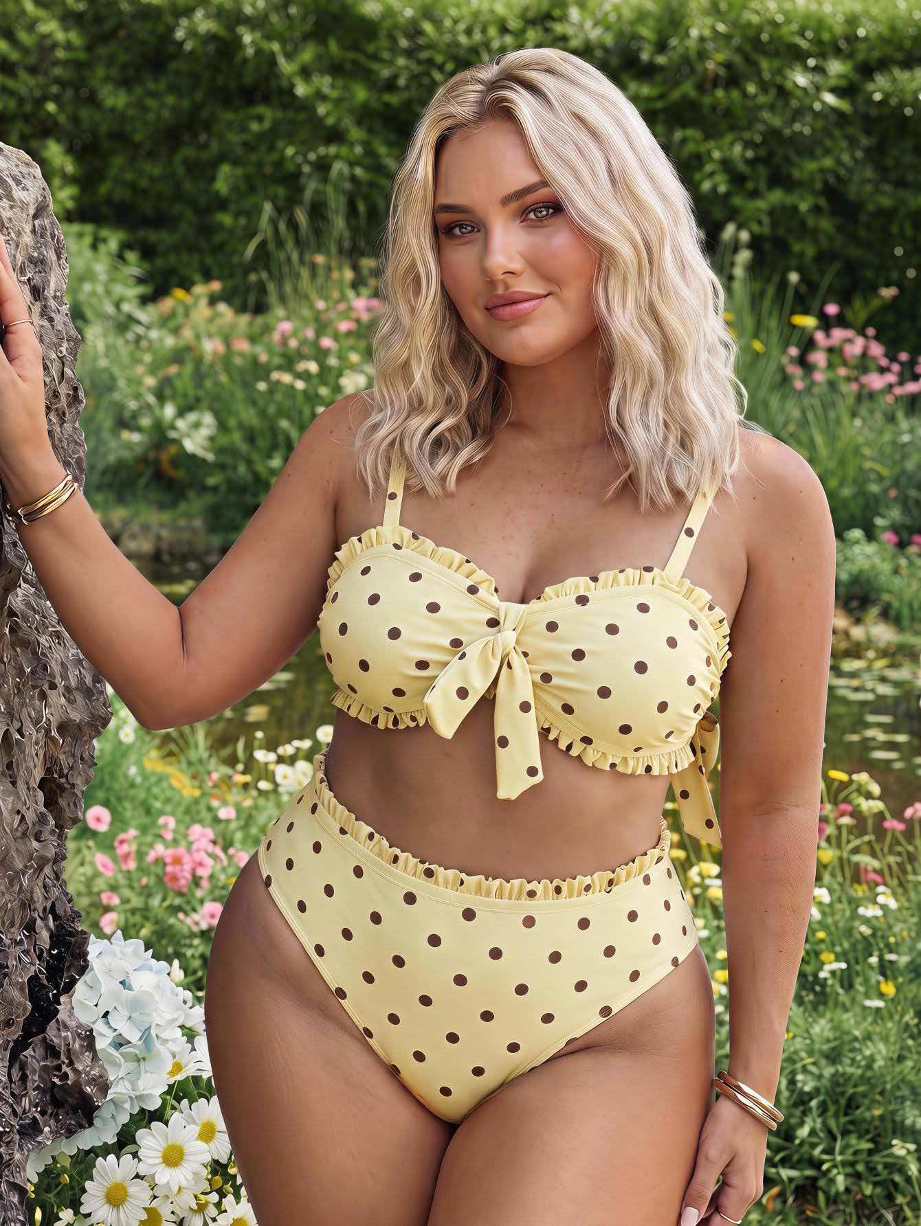 Slaydiva 2026 Autumn New Women's Plus Size Bandeau Bikini Two Pieces Set With Polka Dot Print, 3D Ruffle Design And High Waist Triangle Bottom Swimwear - Yellow - View 3