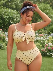 Slaydiva 2026 Autumn New Women's Plus Size Bandeau Bikini Two Pieces Set With Polka Dot Print, 3D Ruffle Design And High Waist Triangle Bottom Swimwear - Yellow - View 2