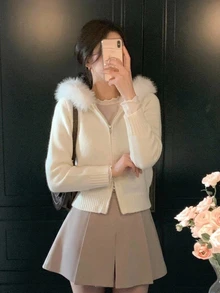 DAZY Women's Plush Patchwork Casual Versatile Daily Wear Hooded Cardigan - White - View 2
