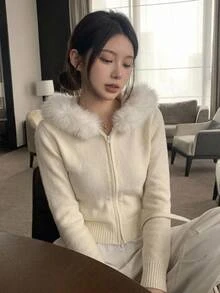 DAZY Women's Plush Patchwork Casual Versatile Daily Wear Hooded Cardigan - White - View 7