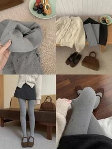 DAZY Women's Grey Tummy Control Non-Slip Footed Leggings, Slimming Winter School Home Cute Preppy - Grey - View 1