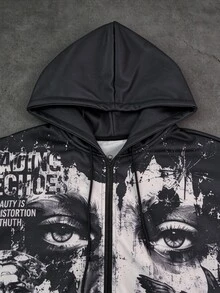 ROMWE MEN Áo hoodie kéo khóa phong cách đường phố Mỹ, họa tiết collage nhân vật tối màu, form oversize, in Gothic vintage mài rách - Đen và trắng - Xem 3