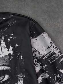 ROMWE MEN Áo hoodie kéo khóa phong cách đường phố Mỹ, họa tiết collage nhân vật tối màu, form oversize, in Gothic vintage mài rách - Đen và trắng - Xem 6