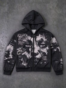 ROMWE MEN Áo hoodie kéo khóa phong cách đường phố Mỹ, họa tiết collage nhân vật tối màu, form oversize, in Gothic vintage mài rách - Đen và trắng - Xem 1