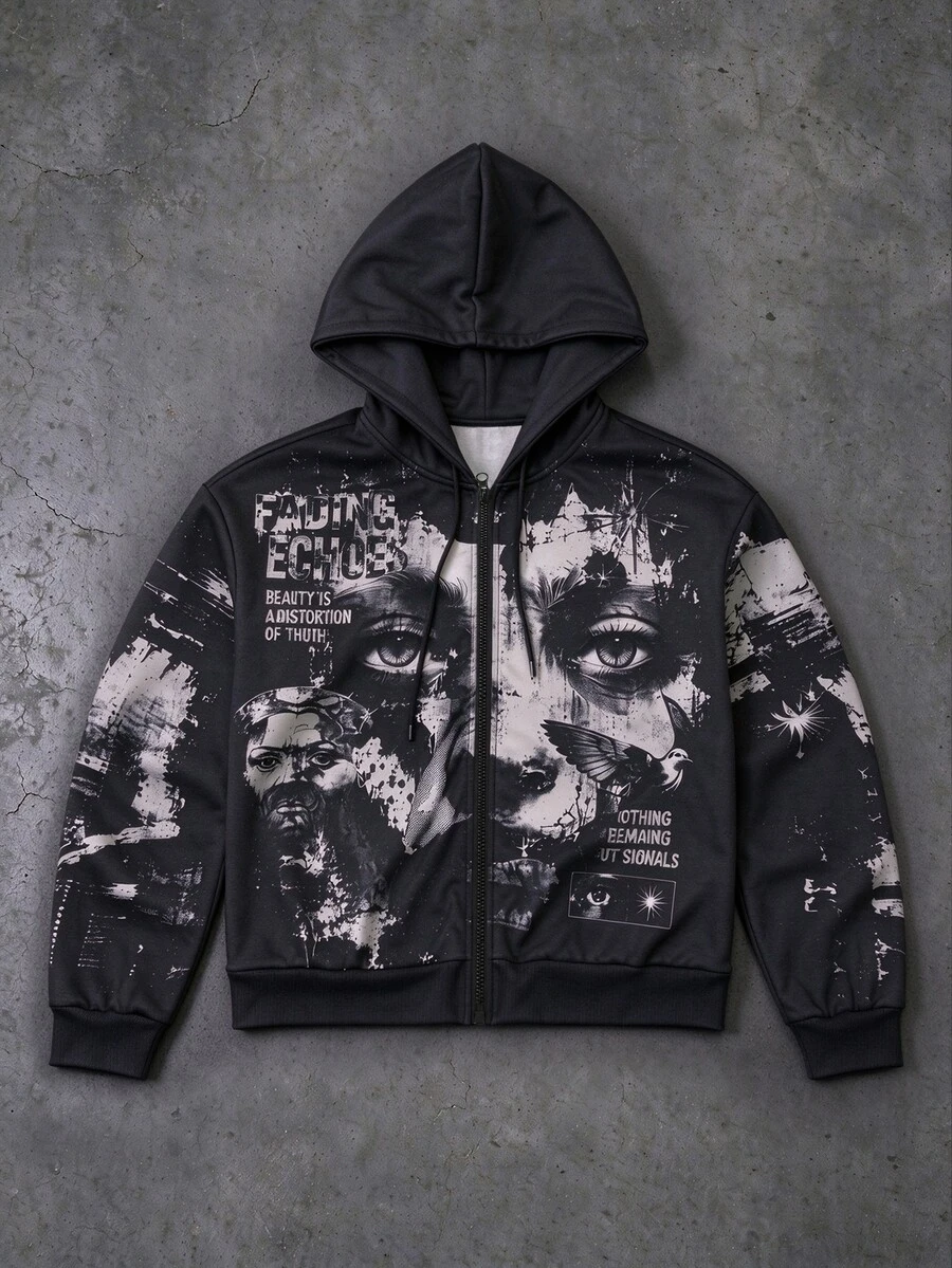 ROMWE MEN Áo hoodie kéo khóa phong cách đường phố Mỹ, họa tiết collage nhân vật tối màu, form oversize, in Gothic vintage mài rách - Đen và trắng - Xem 1