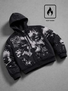 ROMWE MEN Áo hoodie kéo khóa phong cách đường phố Mỹ, họa tiết collage nhân vật tối màu, form oversize, in Gothic vintage mài rách - Đen và trắng - Xem 7