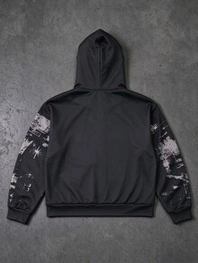 ROMWE MEN Áo hoodie kéo khóa phong cách đường phố Mỹ, họa tiết collage nhân vật tối màu, form oversize, in Gothic vintage mài rách - Đen và trắng - Xem 2