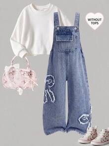 SHEIN Girls' Blue Denim Loose Young Girl Young Girl Young Girl Overalls With Frayed Hem And Bow Western Cowgirl - Blue - View 2