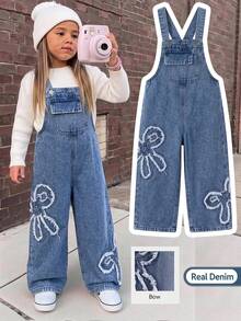 SHEIN Girls' Blue Denim Loose Young Girl Young Girl Young Girl Overalls With Frayed Hem And Bow Western Cowgirl - Blue - View 1