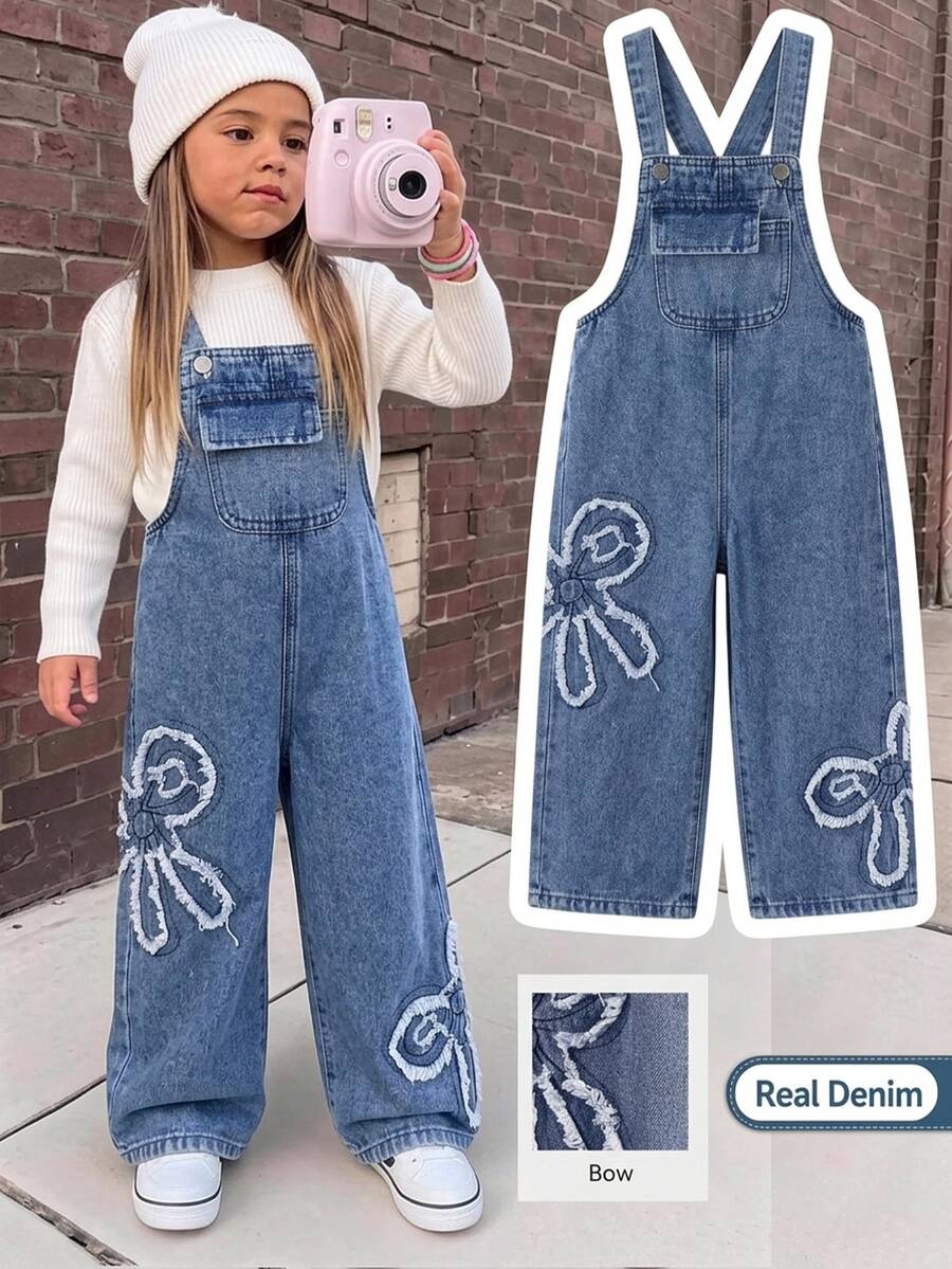 SHEIN Girls' Blue Denim Loose Young Girl Young Girl Young Girl Overalls With Frayed Hem And Bow Western Cowgirl - Blue - View 1