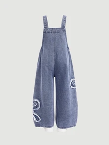 SHEIN Girls' Blue Denim Loose Young Girl Young Girl Young Girl Overalls With Frayed Hem And Bow Western Cowgirl - Blue - View 7