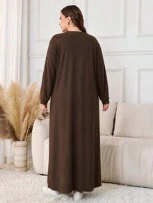 Lacomfia Knitted Loose New Chinese Style Frog Button Design Long Sleeve Casual Minimalist Elegant Fashion Plus Size Dress - Brown - View 2