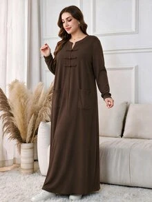 Lacomfia Knitted Loose New Chinese Style Frog Button Design Long Sleeve Casual Minimalist Elegant Fashion Plus Size Dress - Brown - View 5