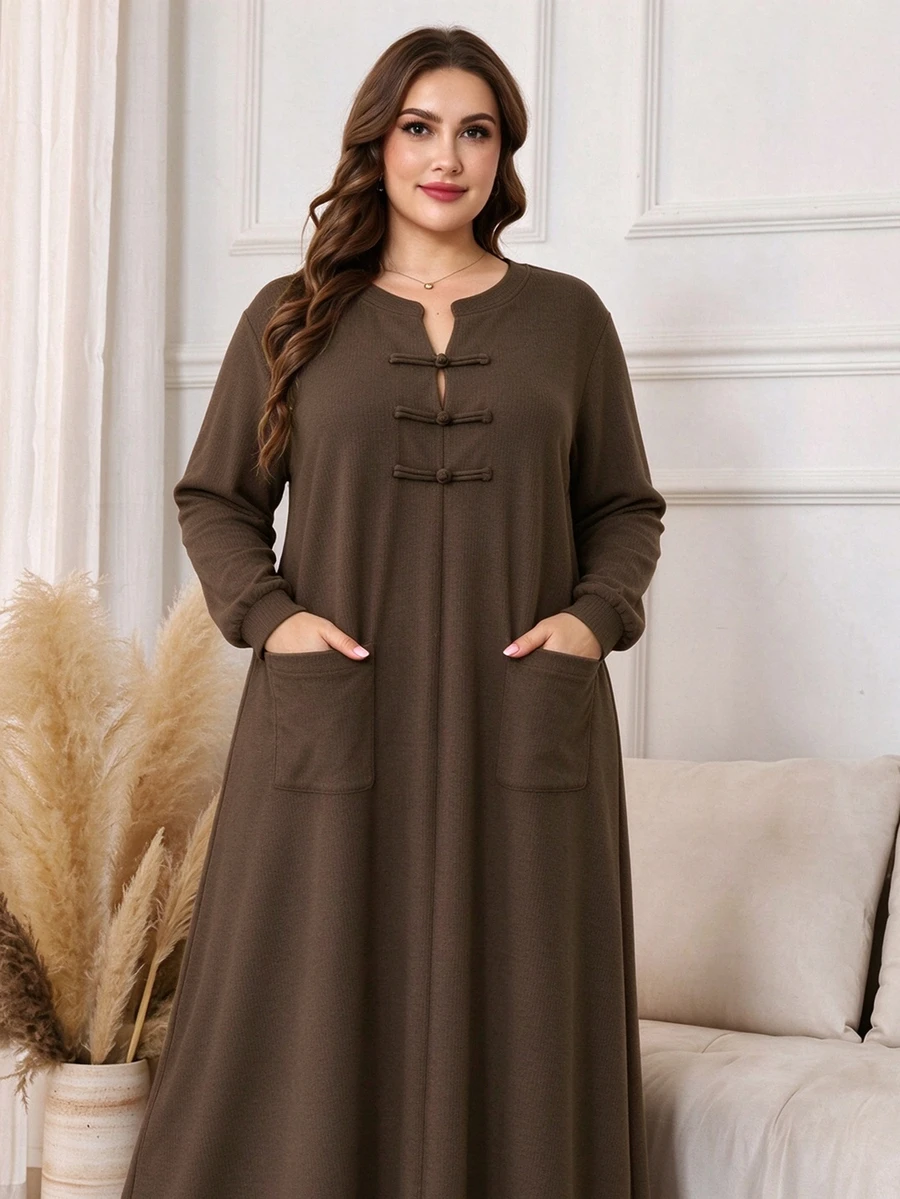 Lacomfia Knitted Loose New Chinese Style Frog Button Design Long Sleeve Casual Minimalist Elegant Fashion Plus Size Dress - Brown - View 1