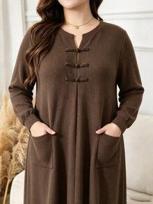 Lacomfia Knitted Loose New Chinese Style Frog Button Design Long Sleeve Casual Minimalist Elegant Fashion Plus Size Dress - Brown - View 4