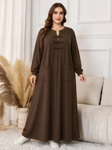Lacomfia Knitted Loose New Chinese Style Frog Button Design Long Sleeve Casual Minimalist Elegant Fashion Plus Size Dress - Brown - View 6