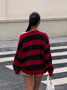 Muchica 女款寬鬆落肩長袖酒紅色休閒頹廢風街頭毛衣，秋冬款女士長版套頭上衣，萬聖節校園風 - 黑色 - 查看 2