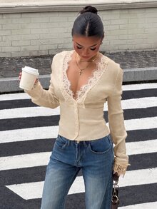 Muchica Women's Contrast Lace Single-Breasted Knit Thin Cardigan - Khaki - View 5