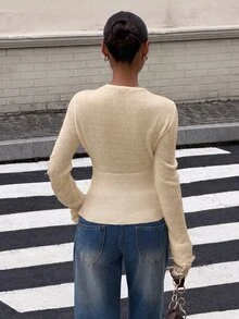 Muchica Women's Contrast Lace Single-Breasted Knit Thin Cardigan - Khaki - View 3