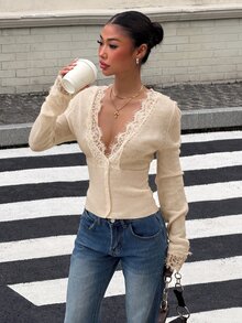 Muchica Women's Contrast Lace Single-Breasted Knit Thin Cardigan - Khaki - View 7