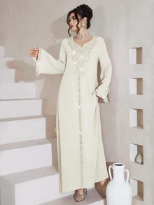 Al Najma 奢华刺绣串珠宽松长袖开衩连衣裙，土耳其和阿拉伯传统风格 - 杏色 - 查看 5