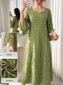 Yasmyna 清新碎花緞帶拼接 寬鬆顯瘦 3D花朵 溫柔青春優雅休閒 女款花卉洋裝 早晨外出穿搭 綠色冬季款 - 彩色 - 查看 3