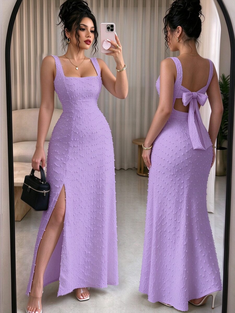 Elenzga New Sleeveless Square Neck Textured Knit Dress With Open Back Bow Tie Design, Elegant Fitted Party Dress - Mauve Purple - View 1