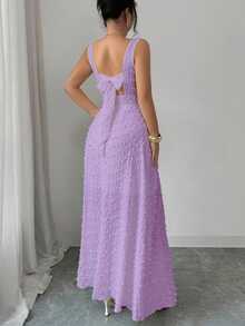 Elenzga New Sleeveless Square Neck Textured Knit Dress With Open Back Bow Tie Design, Elegant Fitted Party Dress - Mauve Purple - View 2