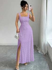 Elenzga New Sleeveless Square Neck Textured Knit Dress With Open Back Bow Tie Design, Elegant Fitted Party Dress - Mauve Purple - View 8