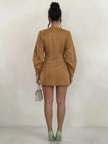 Olia Maree Women's Solid Color V-Neck Long Sleeve Single-Breasted Fashion Short Dress - Khaki - View 2