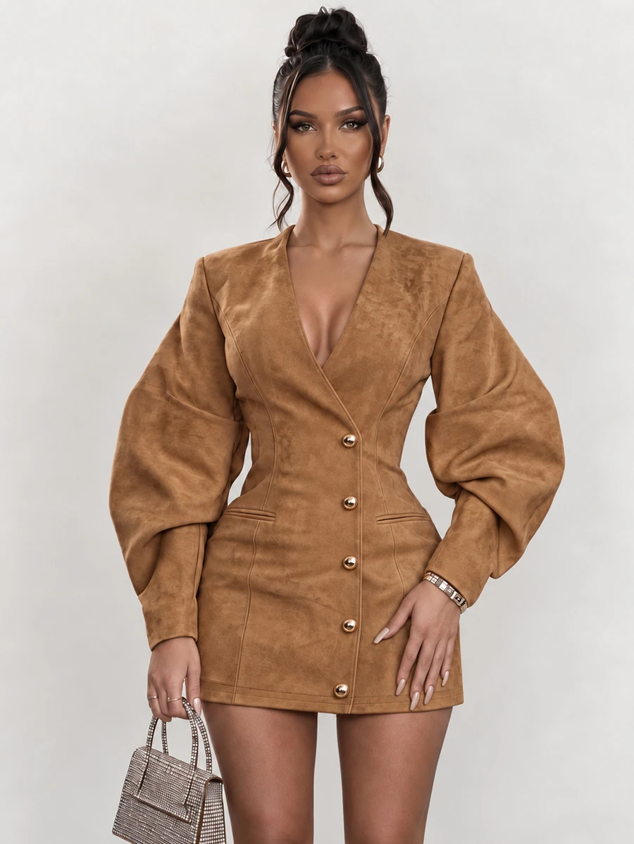 Olia Maree Women's Solid Color V-Neck Long Sleeve Single-Breasted Fashion Short Dress - Khaki - View 1