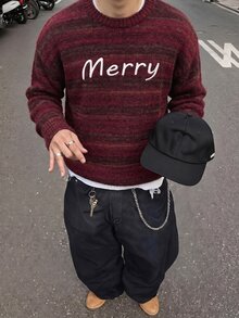 Manfinity Hypemode 男士圓領懶人長袖套頭毛衣，休閒針織秋冬服飾，秋冬漸層條紋寬鬆時尚穿搭，百搭字母刺繡套頭毛衣 - 彩色 - 查看 5